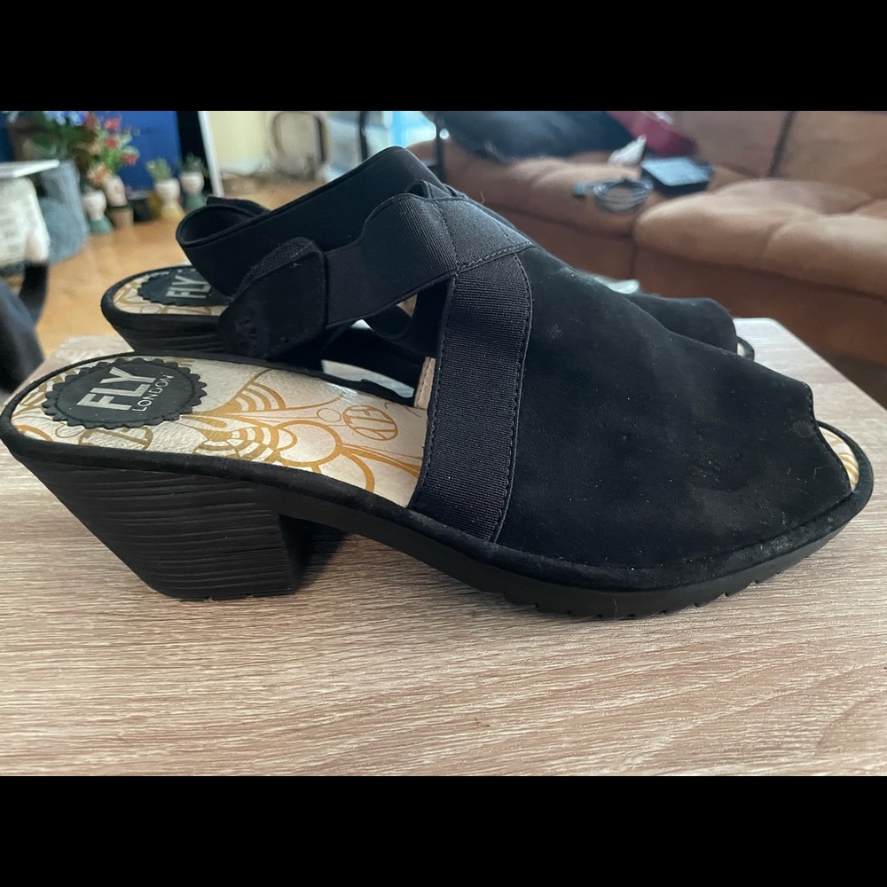 FLY London black suede Wato heeled sandals size 40